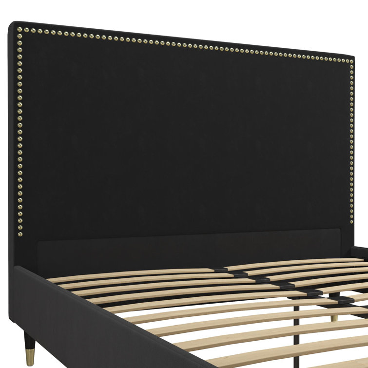 Audrey King Black Velvet Upholstered Platform Bed with Nailhead Trim