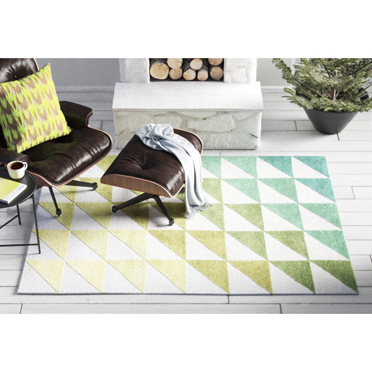 Ivory and Green Hand-Tufted Wool Geometric Rug