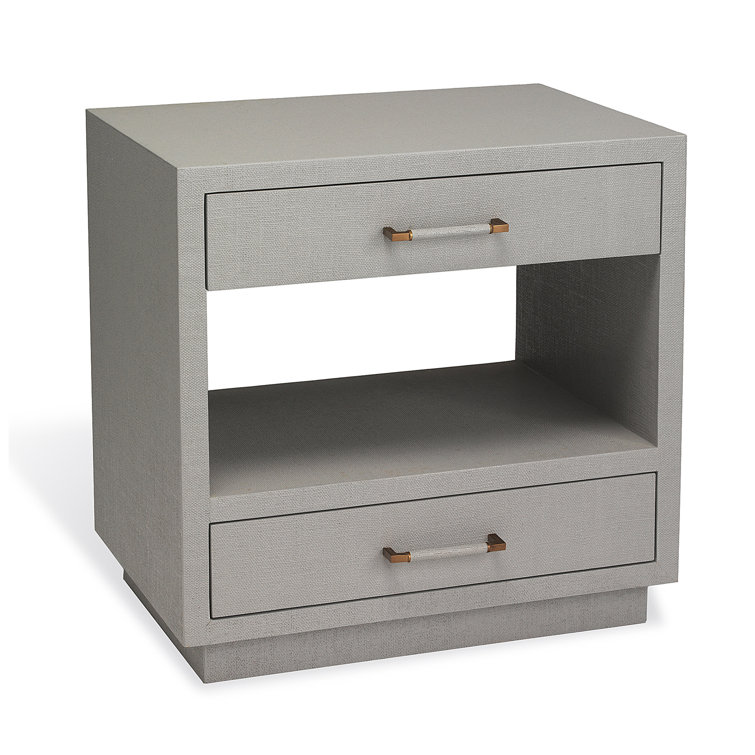 Light Gray Solid Wood 2-Drawer Nightstand with Faux Linen Accents