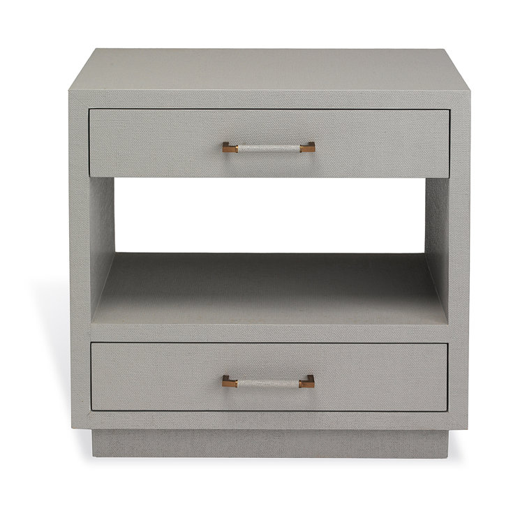 Light Gray Solid Wood 2-Drawer Nightstand with Faux Linen Accents