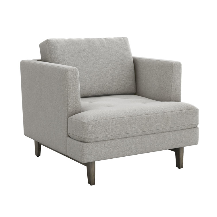 Handcrafted Faux Linen Grey Accent Chair with Wooden Legs