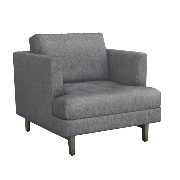 Handcrafted Faux Linen Grey Accent Chair with Wooden Legs
