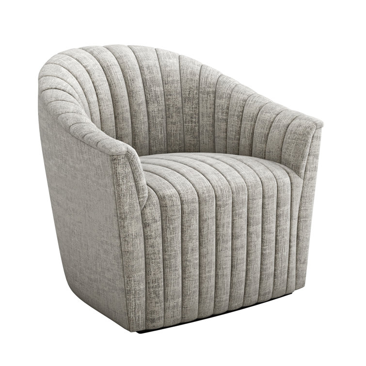 Handcrafted Feather Chenille Swivel Barrel Chair in Wood Finish