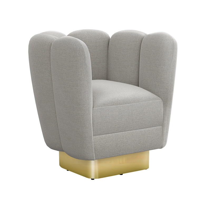 Gray Faux Linen Swivel Barrel Chair with Brass Base
