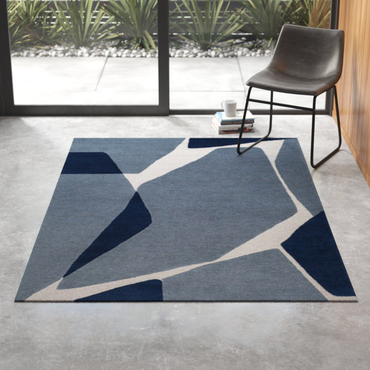 Light Blue and Navy Abstract Handmade Wool Rug, 6' x 9'