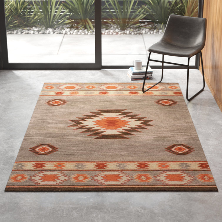 Handmade Geometric Wool Tufted Rug in Gray and Orange, 4' x 6'