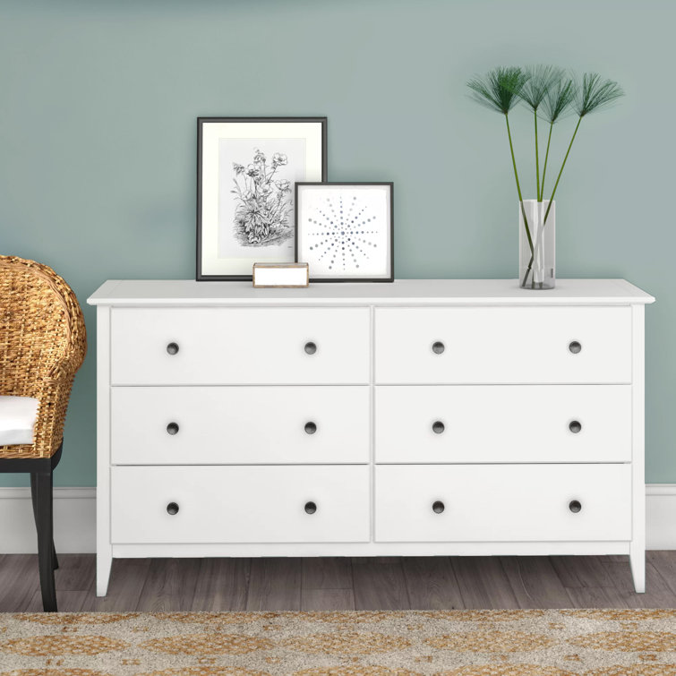 Brushed White Coastal Solid Pine 6-Drawer Dresser