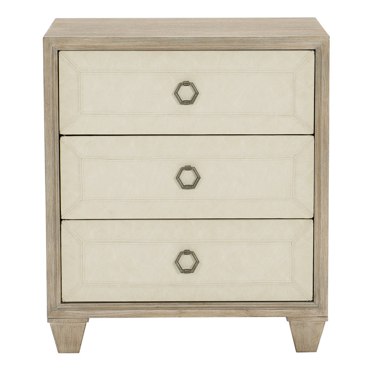 Transitional Beige 3-Drawer Nightstand with Performance Fabric