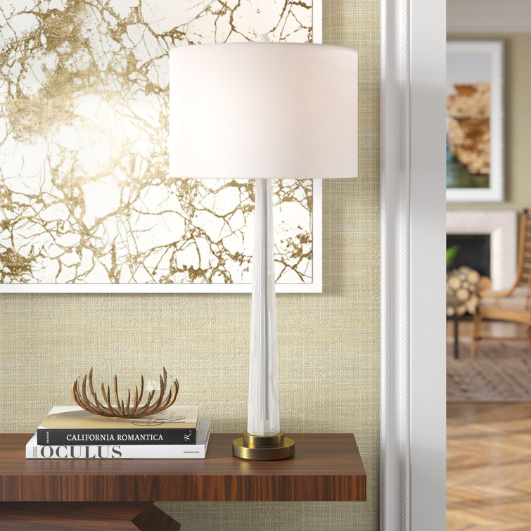 Wade Antique Brass and Clear Acrylic Table Lamp with White Linen Shade