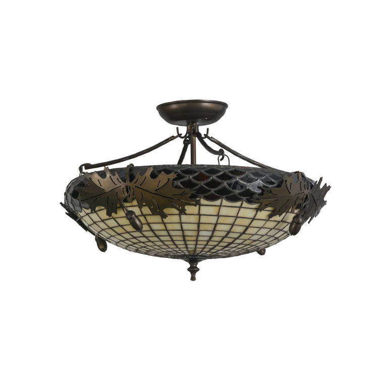 Antique Copper and Glass Semi-Flush Mount Light