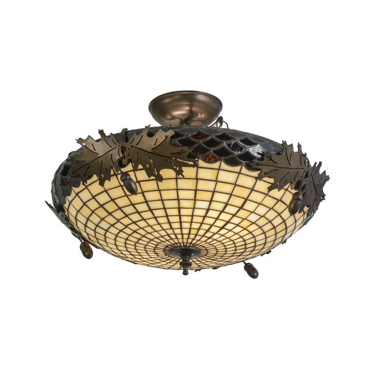 Antique Copper and Glass Semi-Flush Mount Light