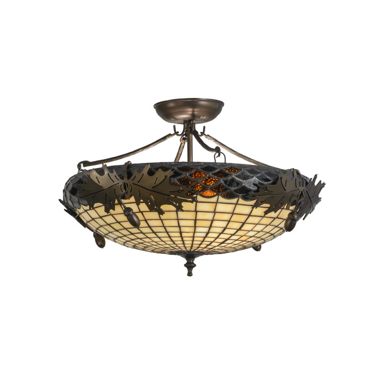 Antique Copper and Glass Semi-Flush Mount Light