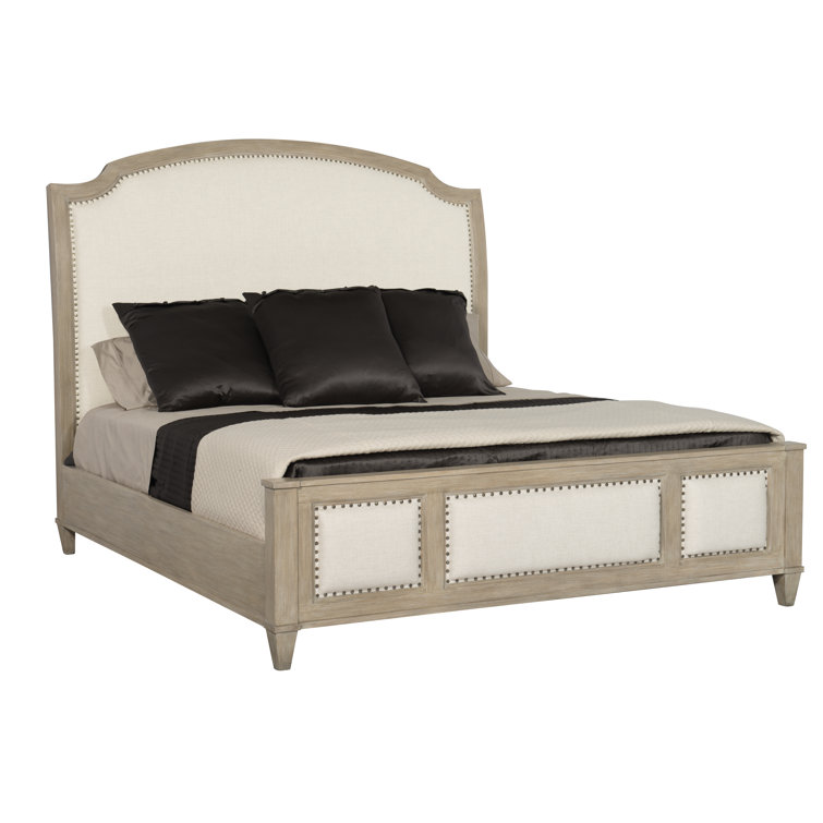 Beige Upholstered Queen Sleigh Bed with Nailhead Trim