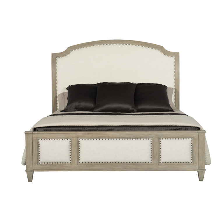 Beige Upholstered Queen Sleigh Bed with Nailhead Trim