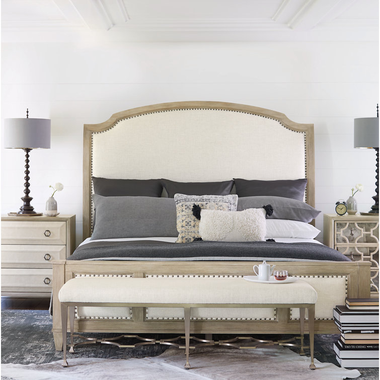Beige Upholstered Queen Sleigh Bed with Nailhead Trim