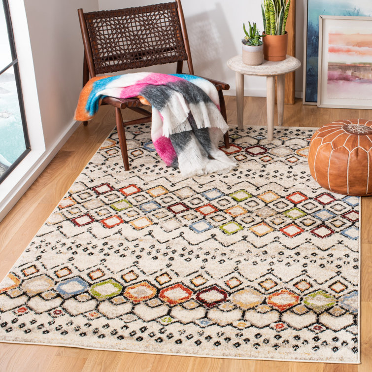 Ivory Multi Geometric 4' x 6' Easy-Care Synthetic Area Rug