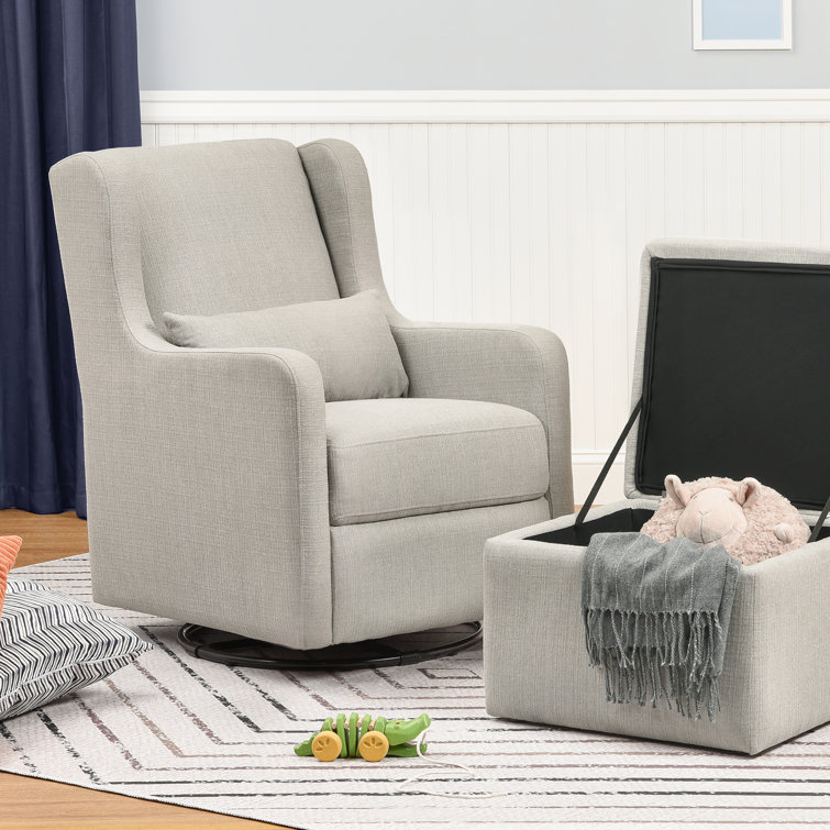 Gray Linen Swivel Glider with Storage Ottoman
