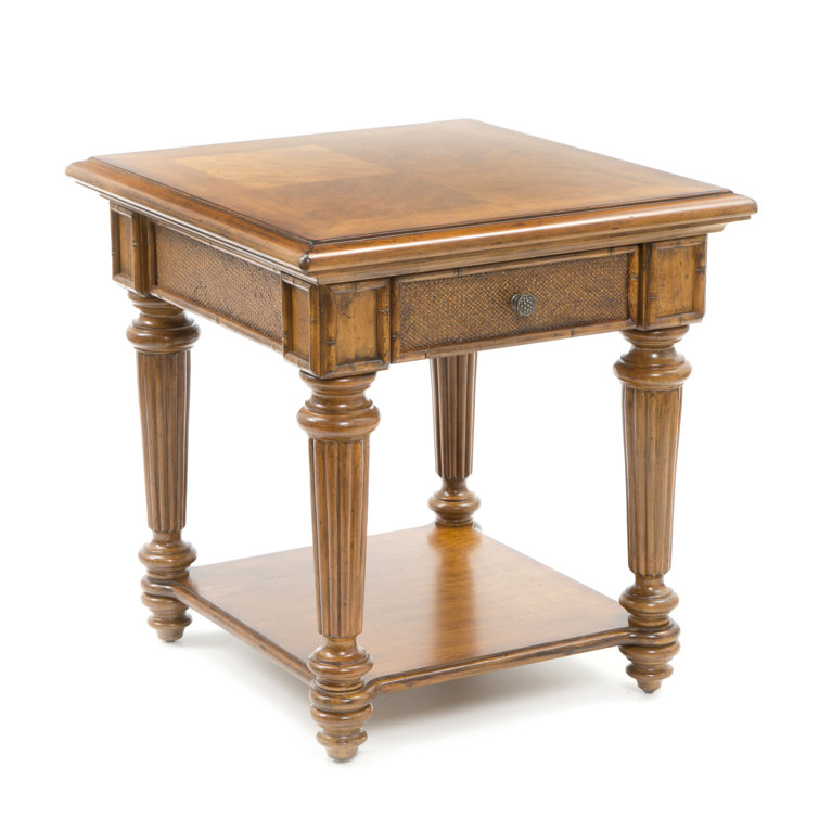 Traditional Brown Wood and Rattan Square End Table with Drawer