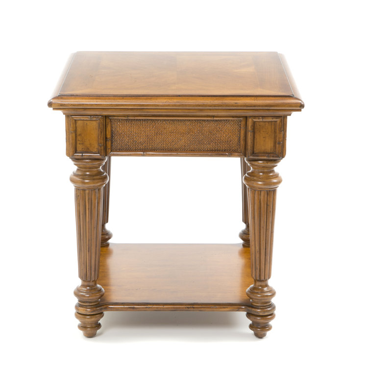 Traditional Brown Wood and Rattan Square End Table with Drawer
