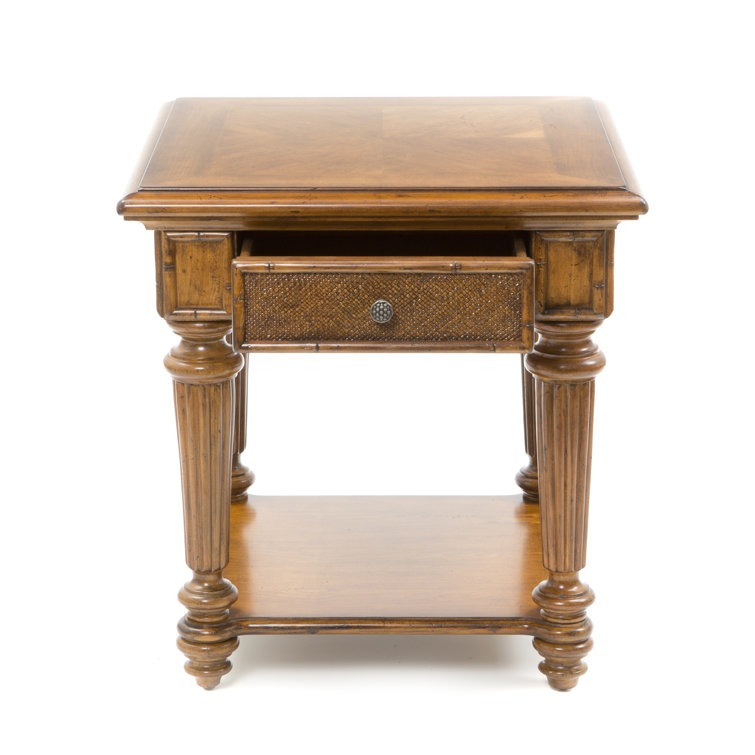 Traditional Brown Wood and Rattan Square End Table with Drawer