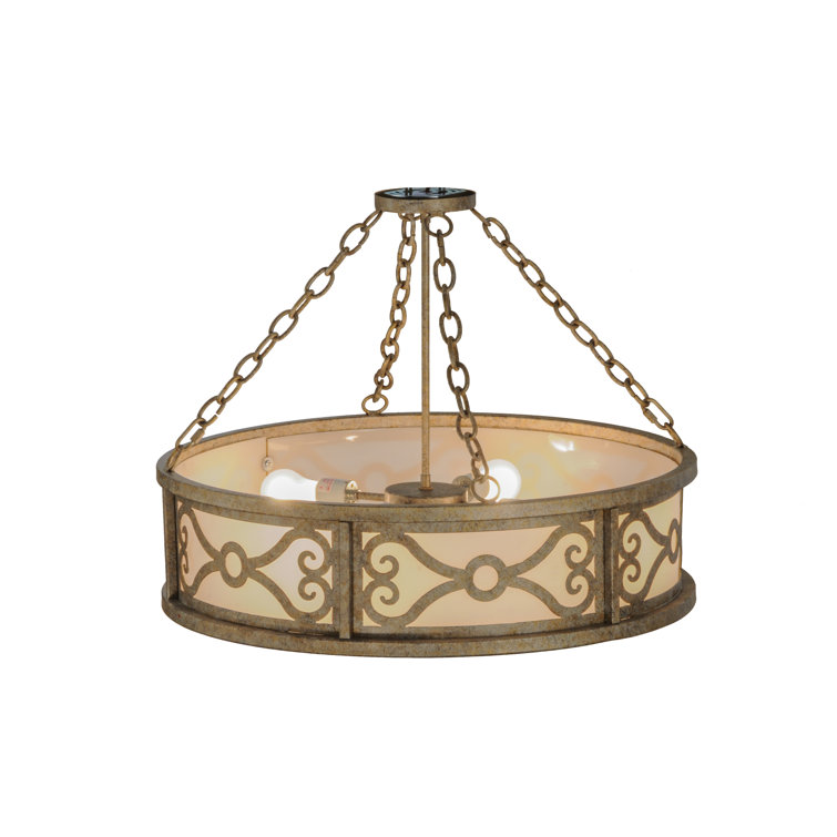 Antique Brass 4-Light 26" White Glass Drum Chandelier