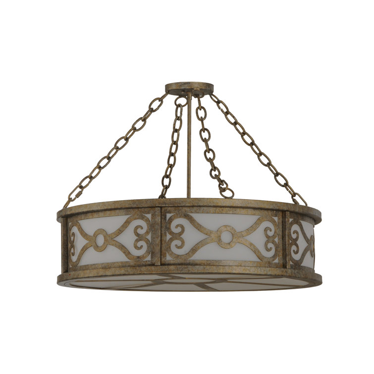 Antique Brass 4-Light 26" White Glass Drum Chandelier