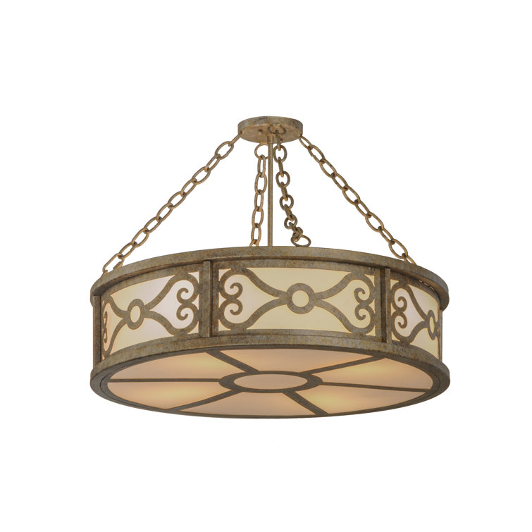 Antique Brass 4-Light 26" White Glass Drum Chandelier