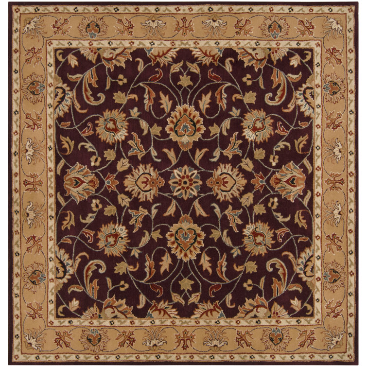 Burgundy and Gold Handmade Wool Tufted Square Rug