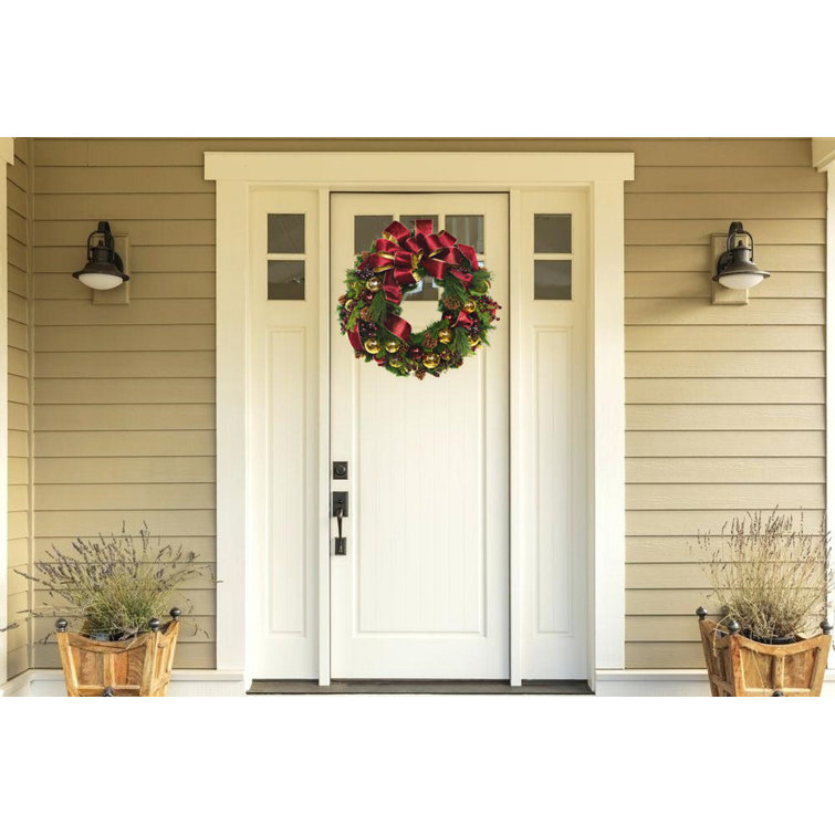 Burgundy and Gold Ribbon Evergreen Holiday Wreath