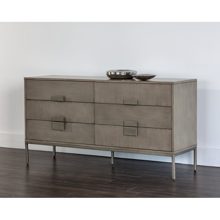 Ash Grey Acacia Wood 6-Drawer Transitional Dresser with Antique Silver Hardware