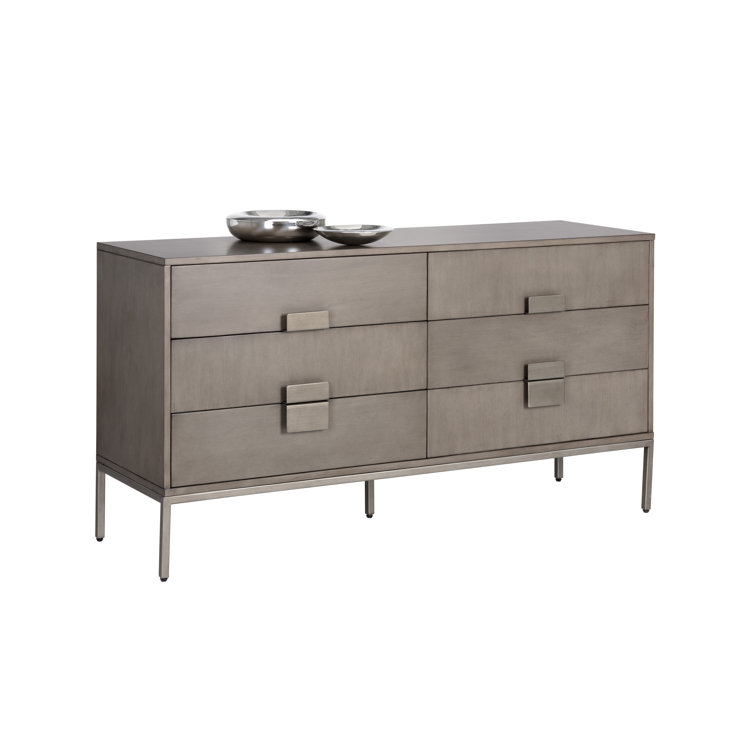 Ash Grey Acacia Wood 6-Drawer Transitional Dresser with Antique Silver Hardware