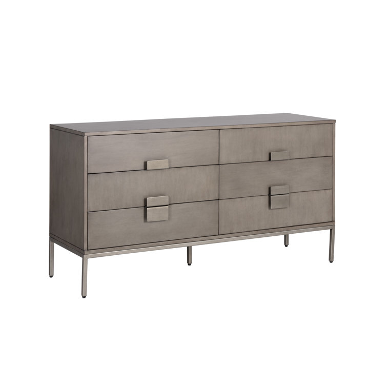 Ash Grey Acacia Wood 6-Drawer Transitional Dresser with Antique Silver Hardware