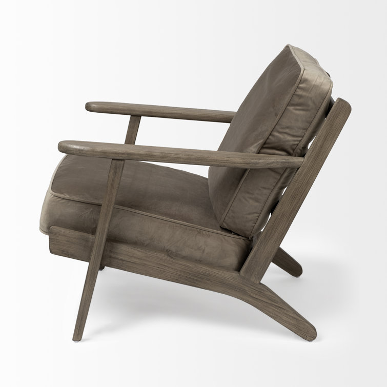 Light Olive Velvet Armchair with Brown Wood Frame