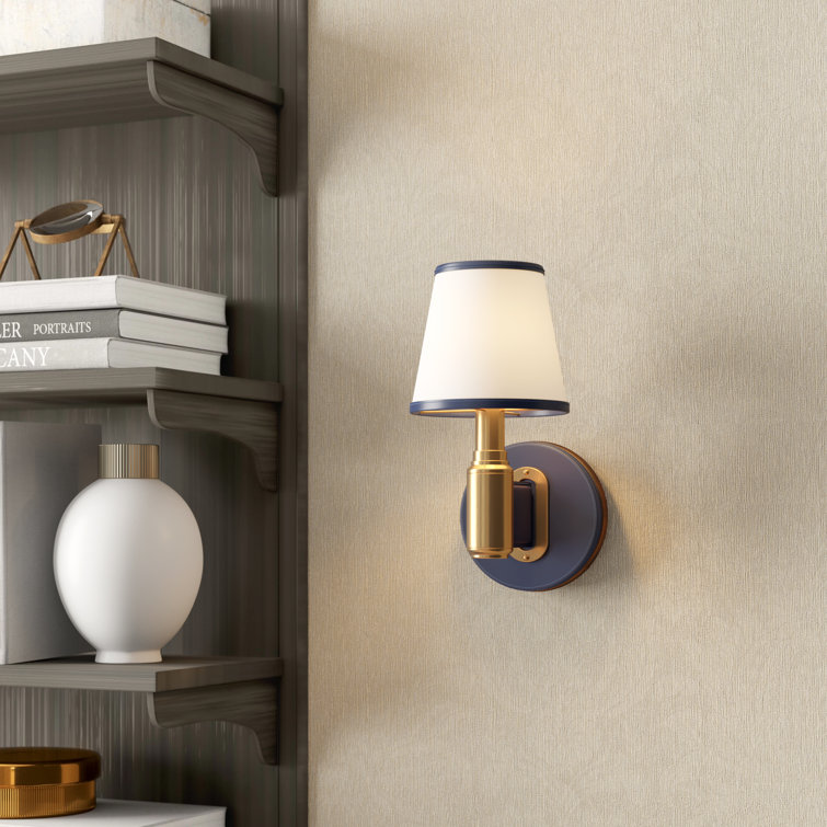 Natural Brass and Navy Leather Wall Sconce with Linen Shade