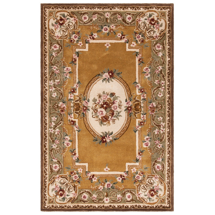 Hand-Tufted Elegance Light Gold and Green Wool Area Rug, 6' x 9'