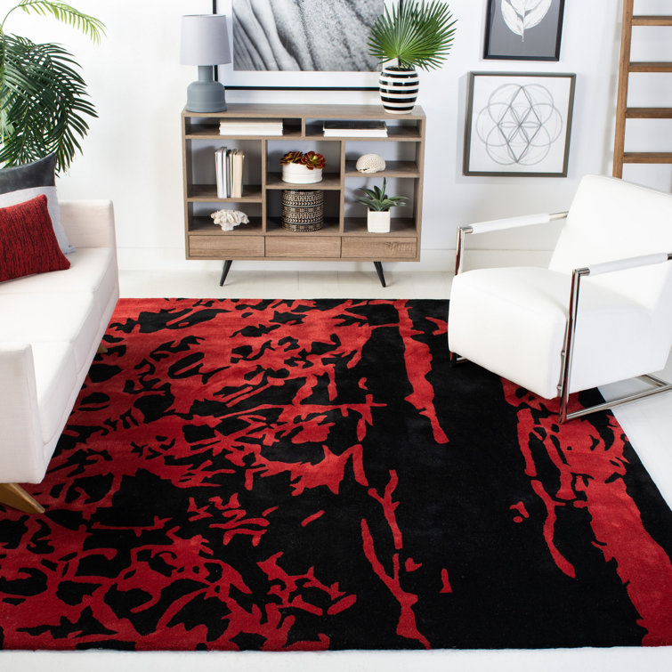 Handmade Black and Red Wool Abstract 5' x 8' Rug