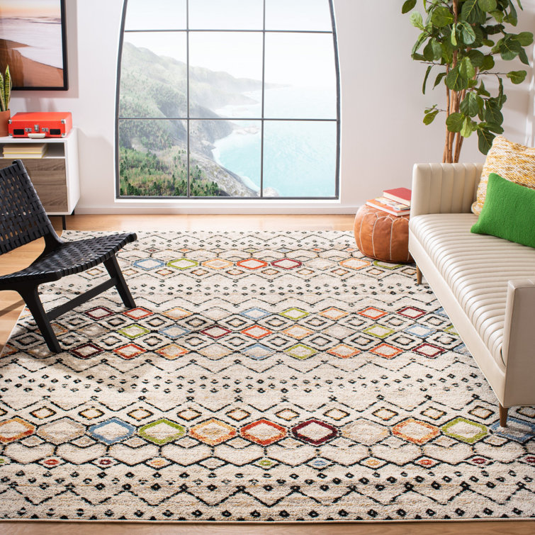 Ivory Multi Geometric 4' x 6' Easy-Care Synthetic Area Rug