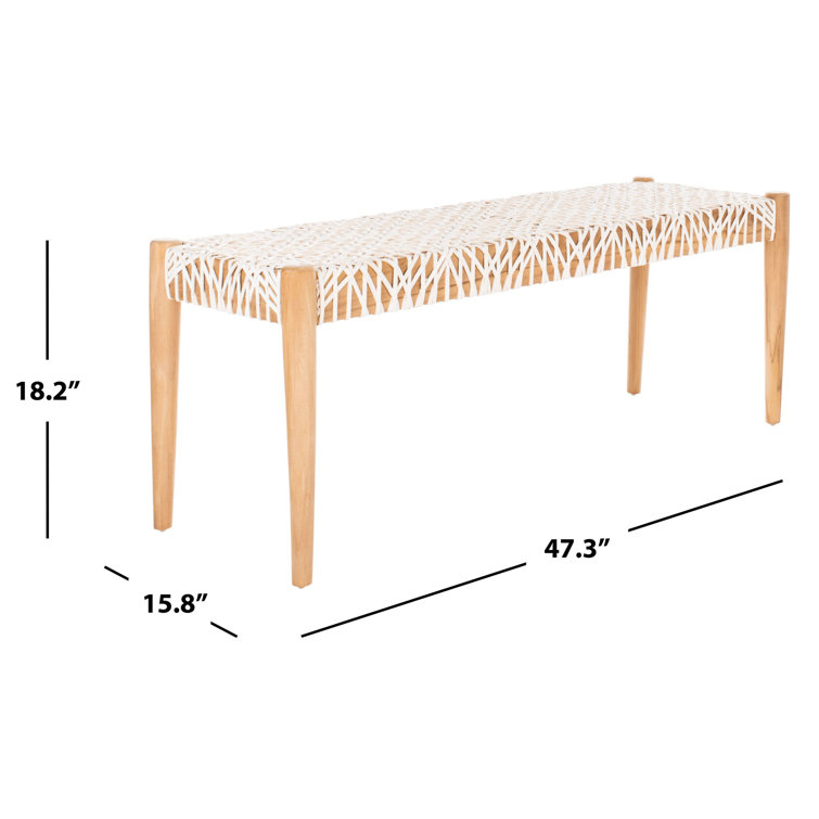 Transitional Natural Teak & Brown Leather Weave Bench, 47"