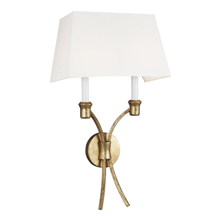 Antique Gild 2-Light Wall Sconce with White Linen Shade