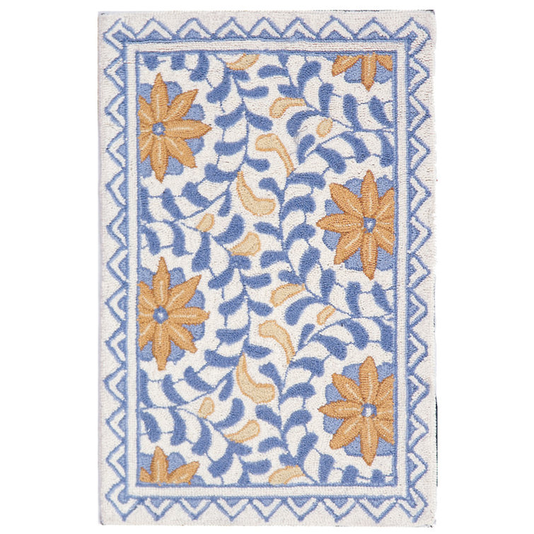 Ivory and Blue Floral Hand-Hooked Wool Area Rug