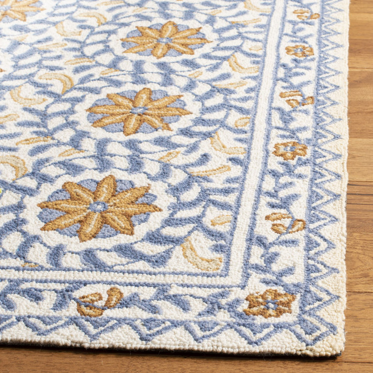 Handmade Chelsea Floral Wool Accent Rug - Ivory & Blue, 1'8" x 2'6"