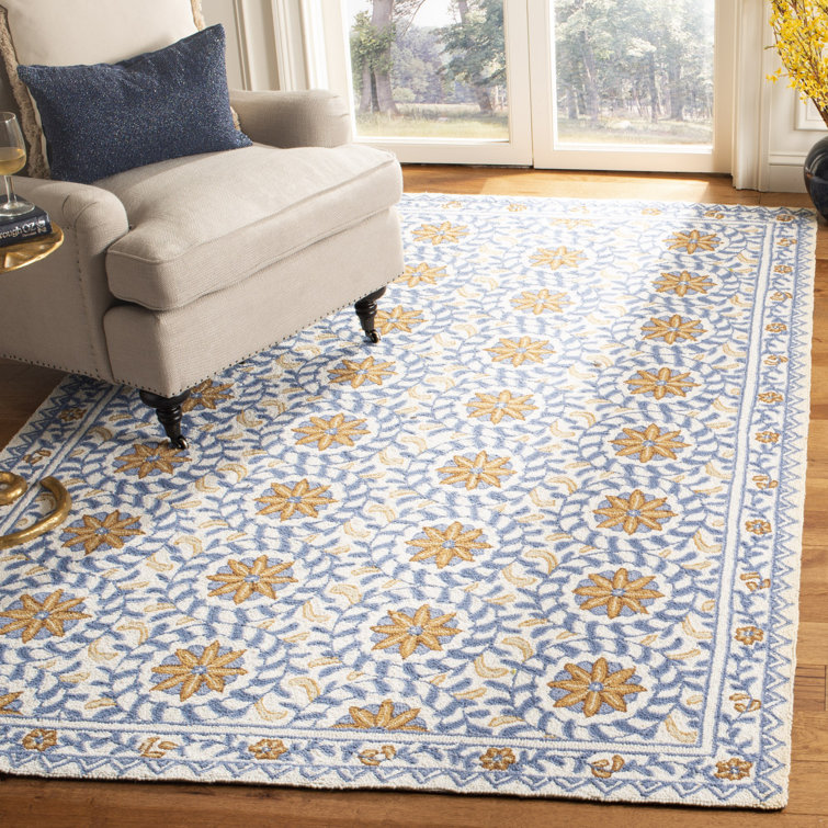 Ivory and Blue Hand-Hooked Floral Wool Area Rug, 9' x 12'
