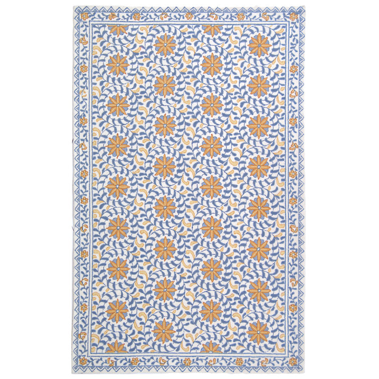 Ivory and Blue Hand-Hooked Floral Wool Area Rug, 9' x 12'