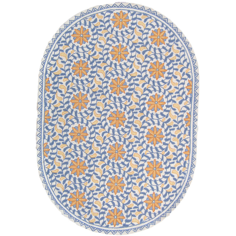 Ivory and Blue Hand-Knotted Wool Floral Oval Rug