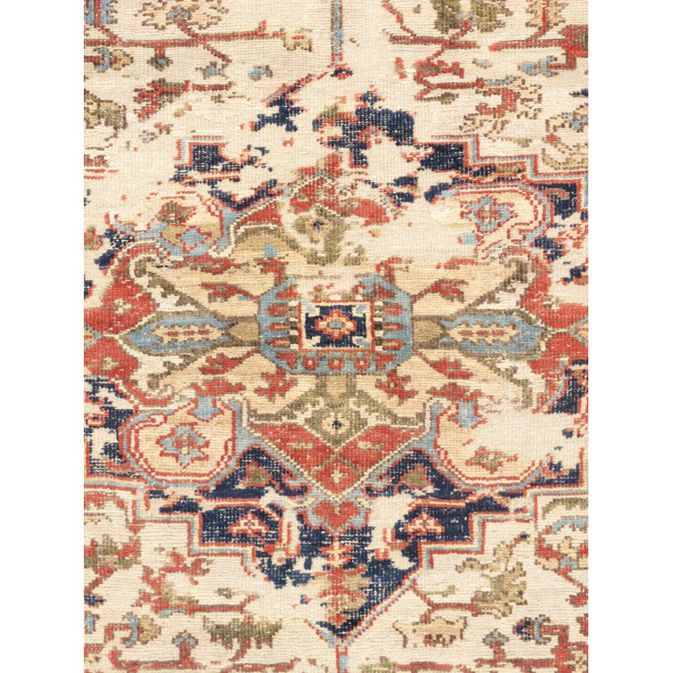 Hand-Knotted Ivory and Navy Wool Square Area Rug