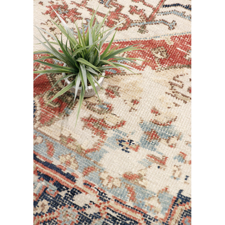 Hand-Knotted Ivory and Navy Wool Square Area Rug