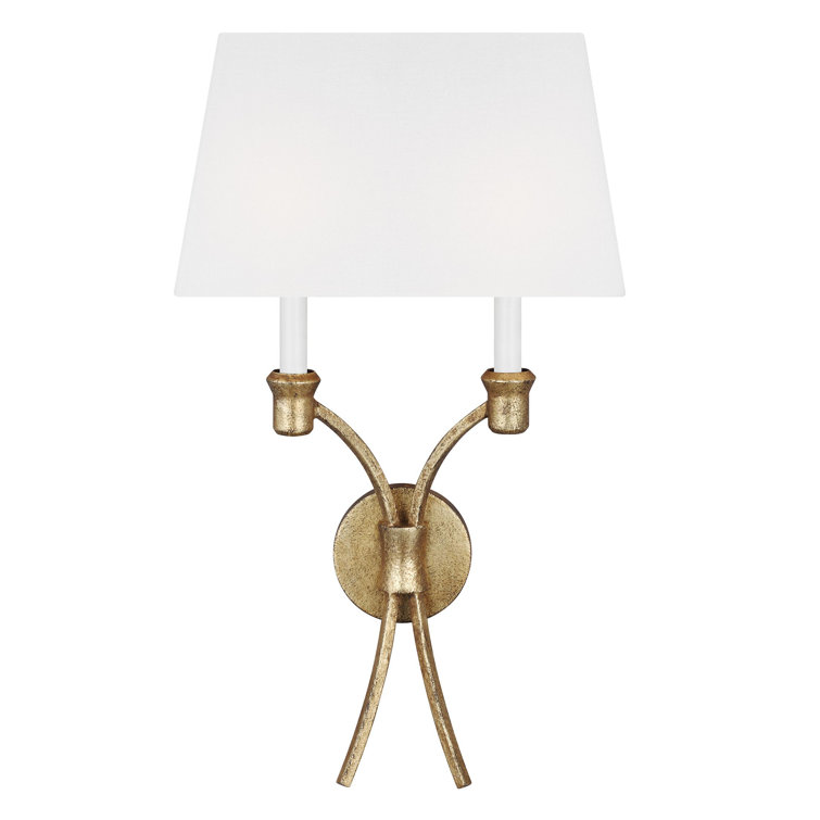 Antique Gild 2-Light Wall Sconce with White Linen Shade
