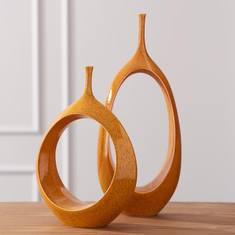 Tall Orange Ceramic Open Oval Ring Table Vase