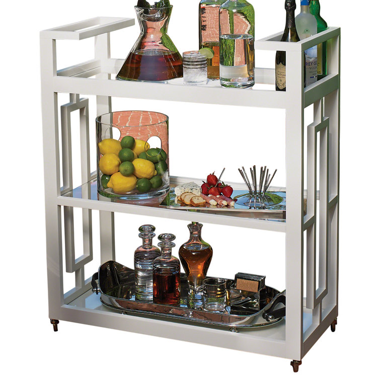 Mid-Century Geometric Grid Block Bar Cart with Brass Wheels