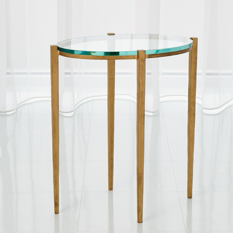 Petite Antique Gold Round Metal Glass Accent Table